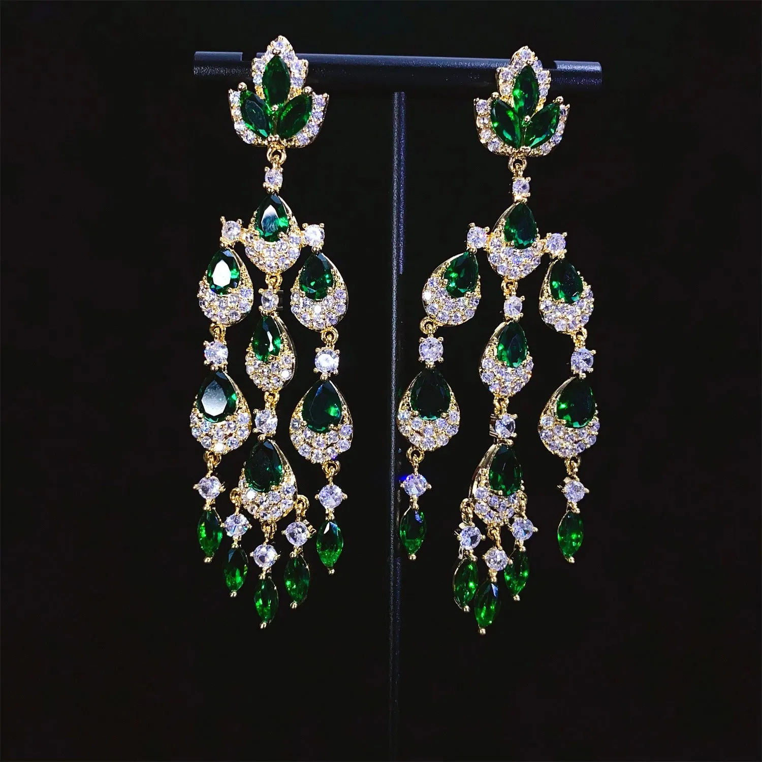 Water drop tassel long earrings with floral leaf shape and zircon stones on alloy