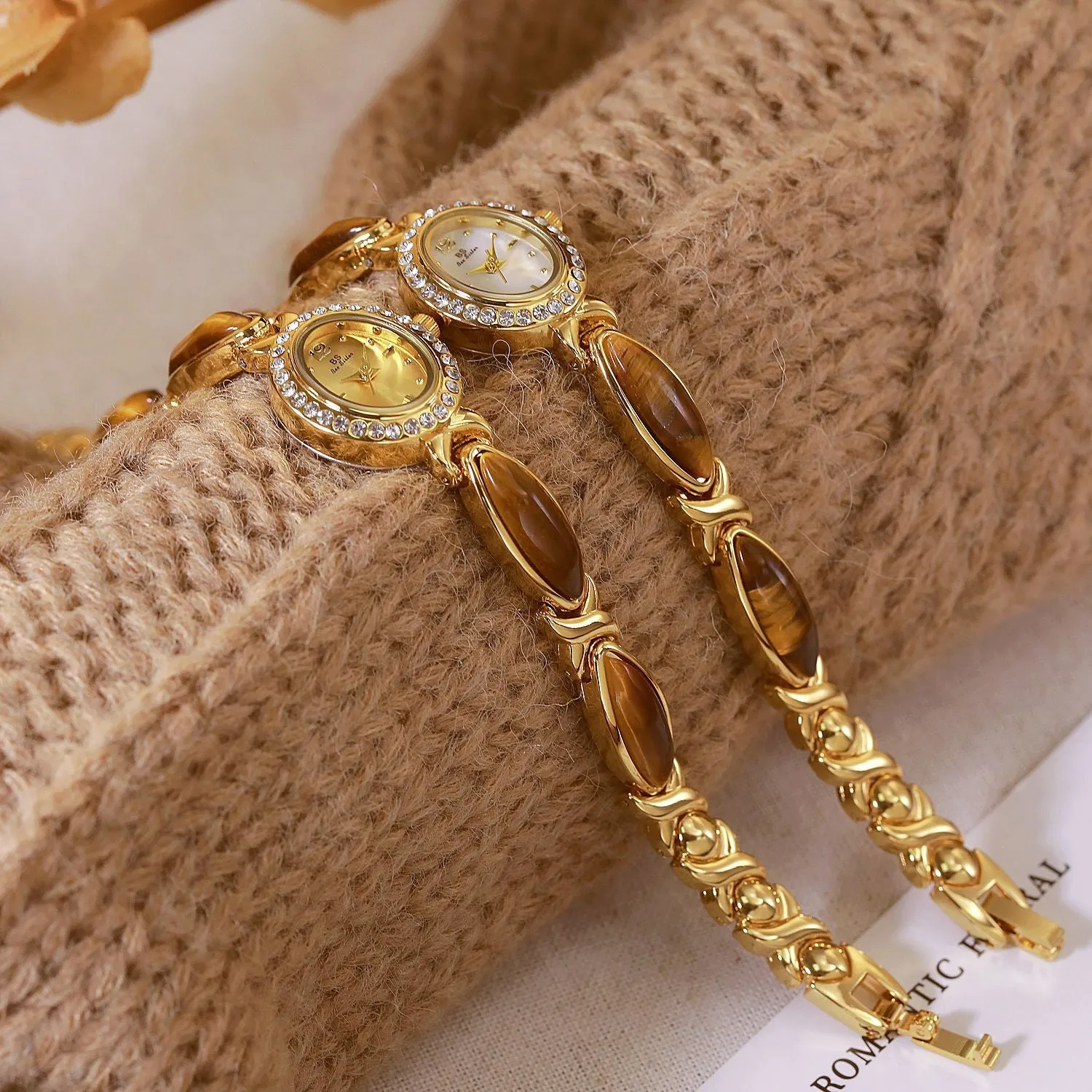 Tigereye Maillard chain watch for women, 7mm alloy, Tiger Eye Champagne Gold colour