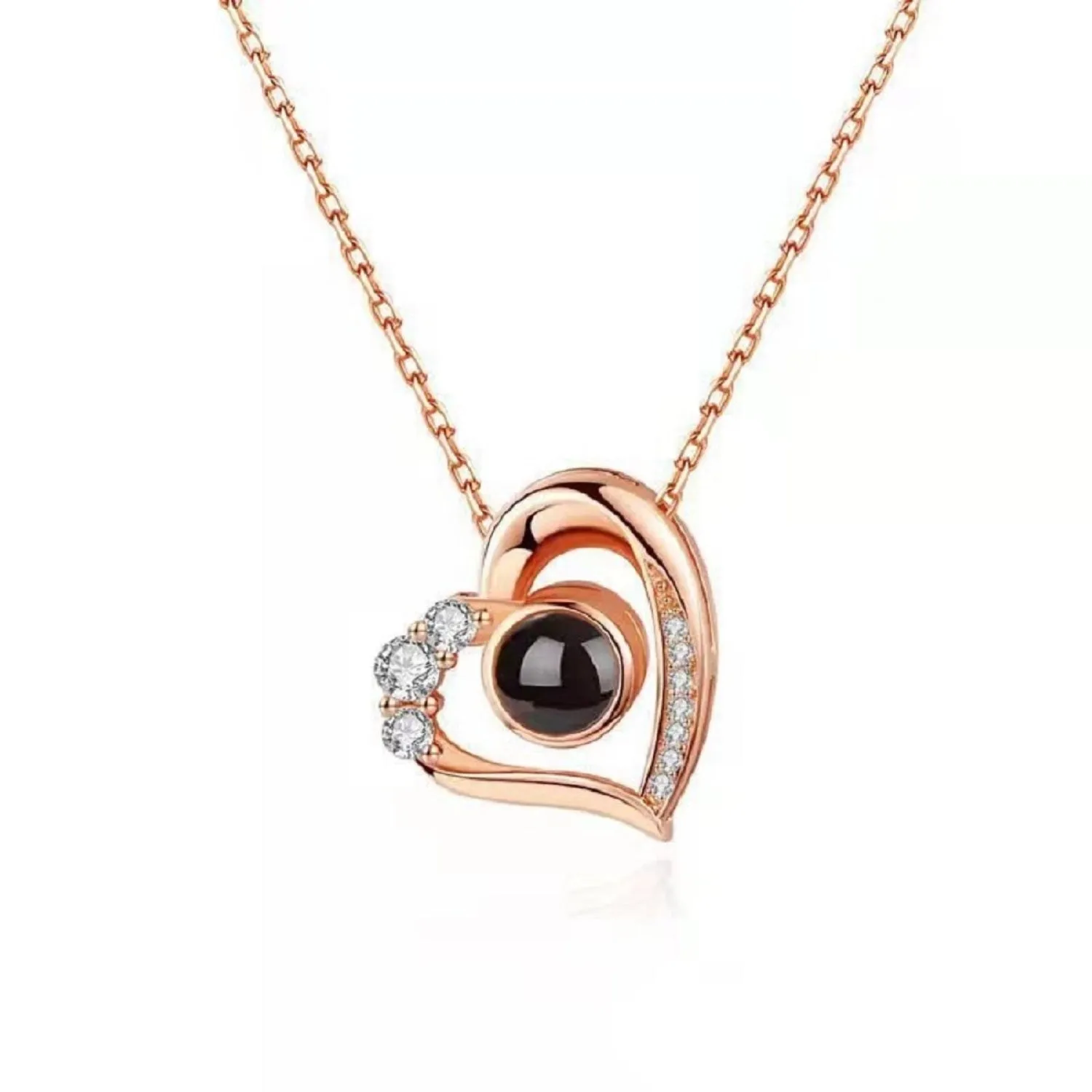 Geometric copper projection necklace with diamond inlay, rose gold finish, cross chain style on collarbone