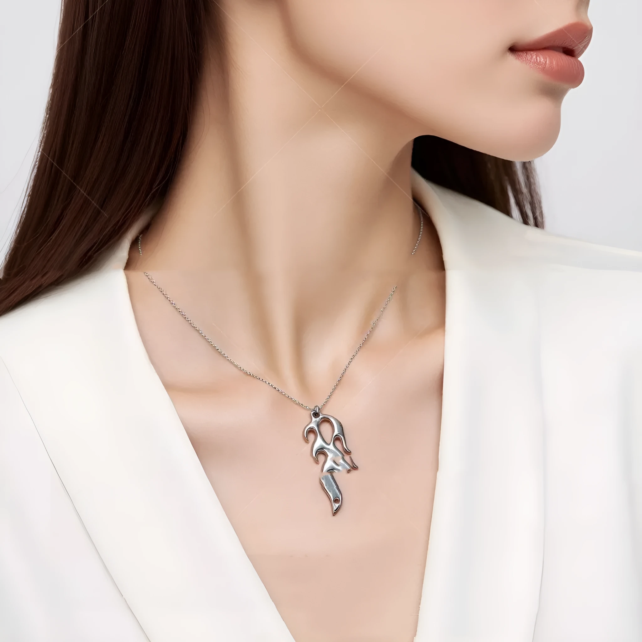 Silver alloy fire element pendant necklace on regular chain punk domineering style