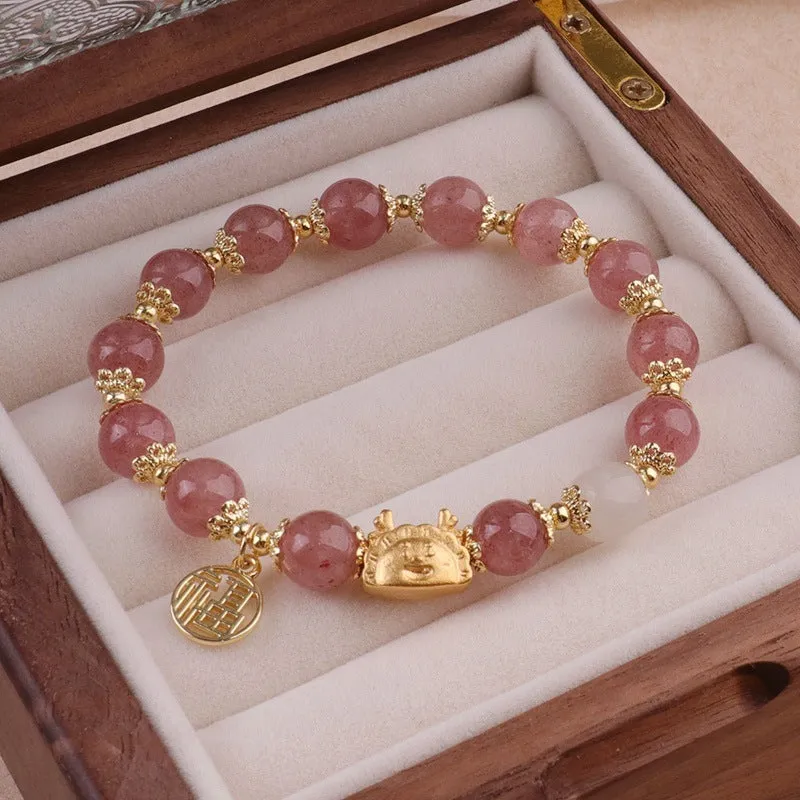 Women's floral glazed bracelet with animal zodiac motifs on coloured glass beads in red, pink, and white variants