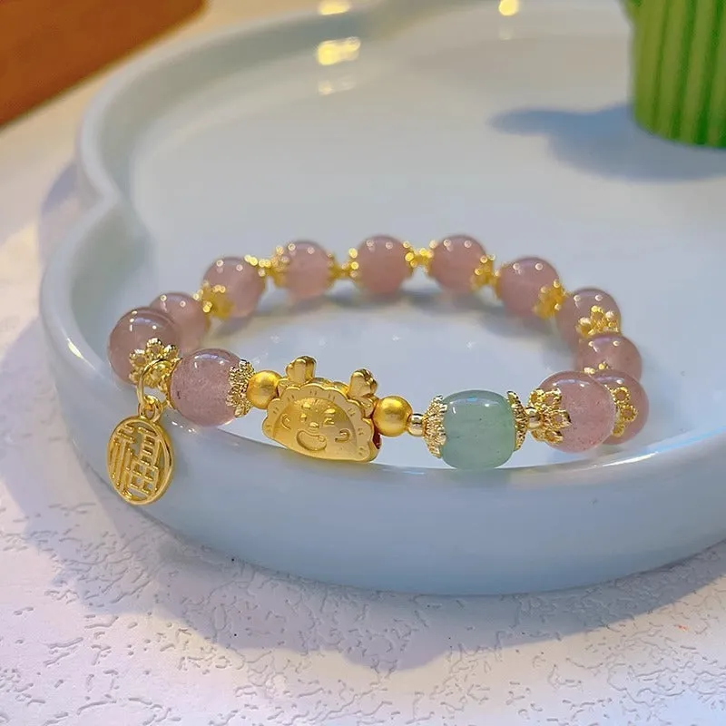 Women's floral glazed bracelet with animal zodiac motifs on coloured glass beads in red, pink, and white variants