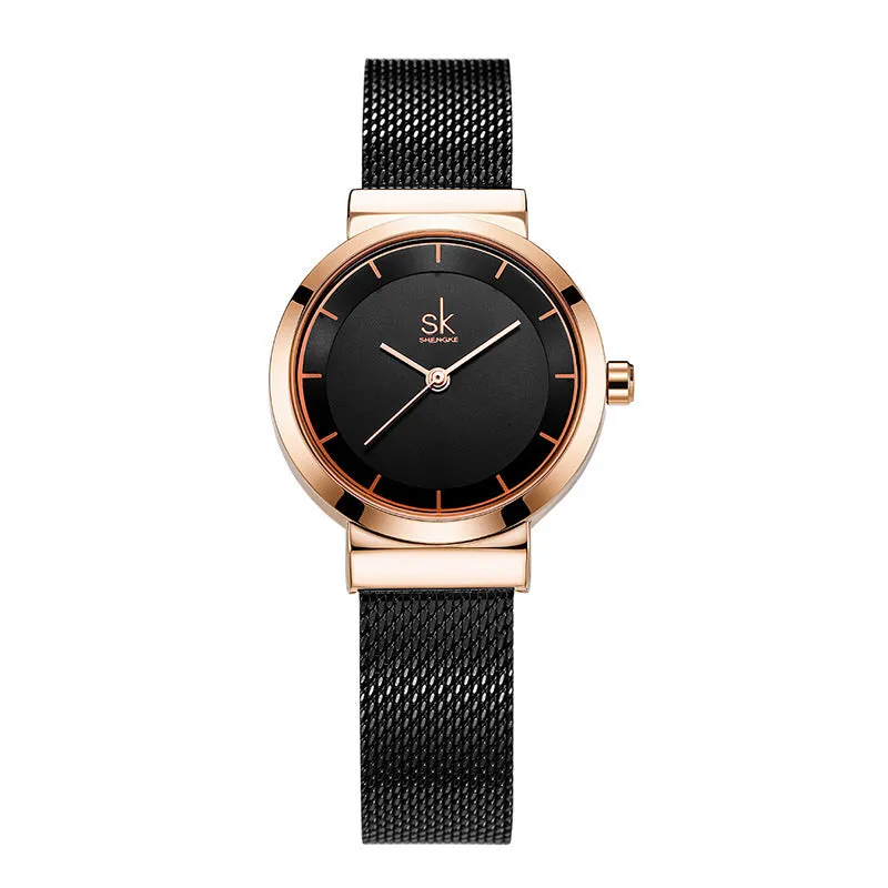 Round stainless steel watch for girls and students with mineral glass mirror and spiral crown