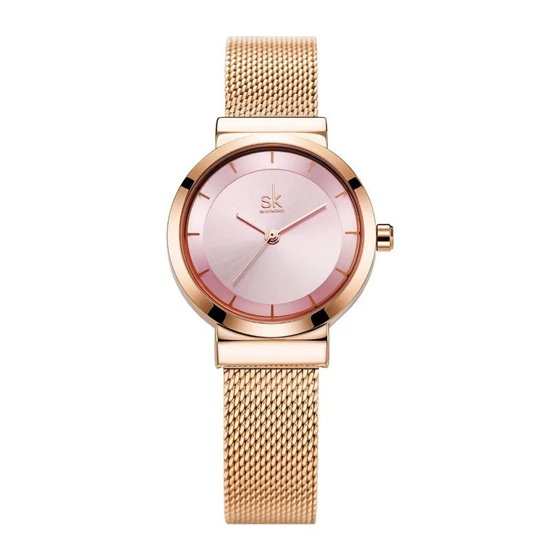 Round stainless steel watch for girls and students with mineral glass mirror and spiral crown