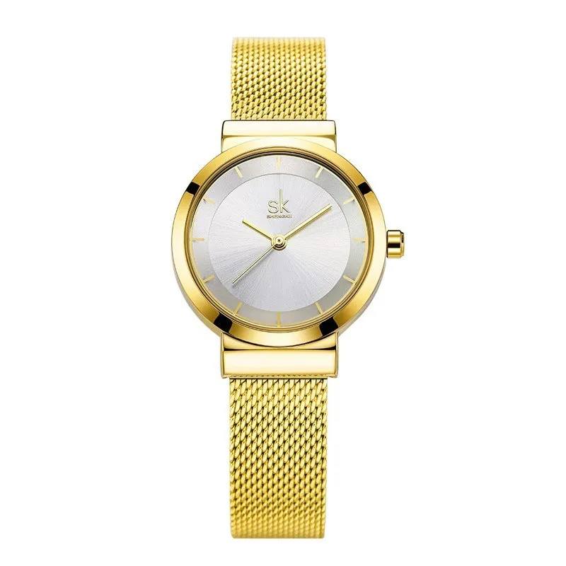 Round stainless steel watch for girls and students with mineral glass mirror and spiral crown
