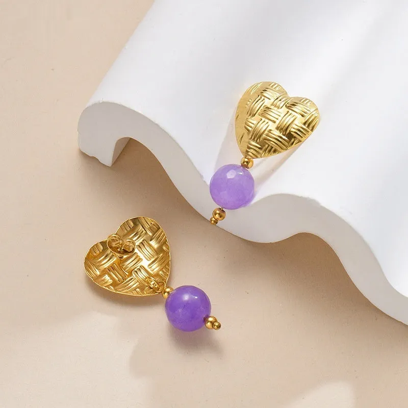 Woven love heart electroplated ear studs with hanging beads in six colours rose red brown purple watermelon green orange yellow