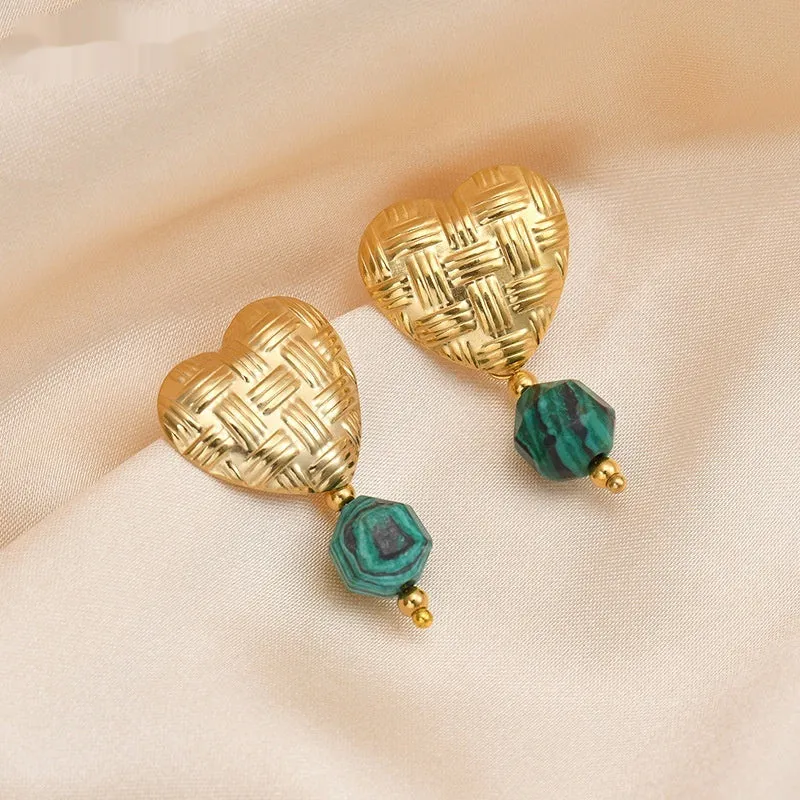 Woven love heart electroplated ear studs with hanging beads in six colours rose red brown purple watermelon green orange yellow