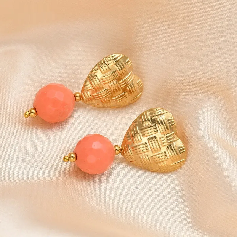 Woven love heart electroplated ear studs with hanging beads in six colours rose red brown purple watermelon green orange yellow