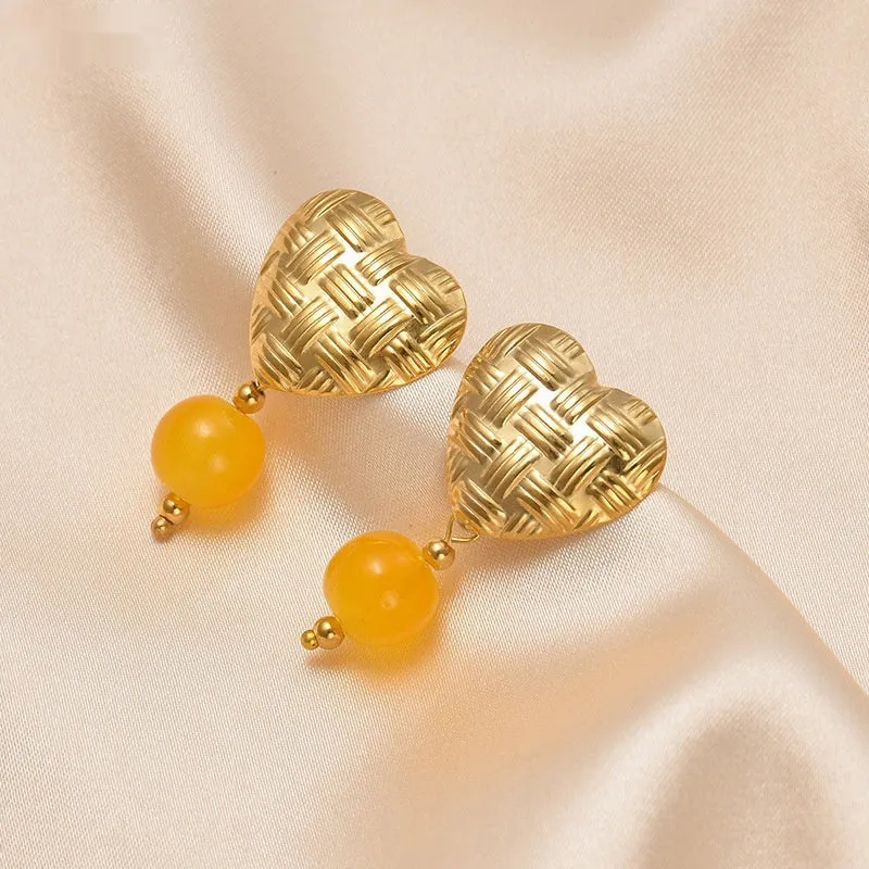 Woven love heart electroplated ear studs with hanging beads in six colours rose red brown purple watermelon green orange yellow