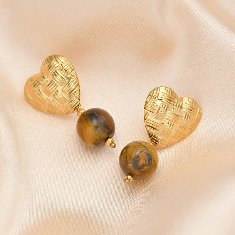 Woven love heart electroplated ear studs with hanging beads in six colours rose red brown purple watermelon green orange yellow