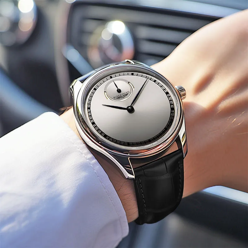Men's belt style waterproof quartz watch with white dial and brown artificial leather strap on wrist