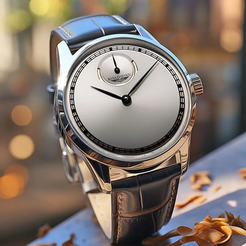 Men's belt style waterproof quartz watch with white dial and brown artificial leather strap on wrist