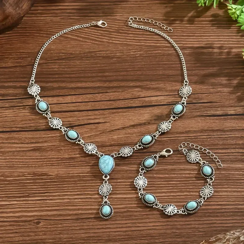 Alloy geometric retro jewellery set with grid pattern earrings necklace bracelet