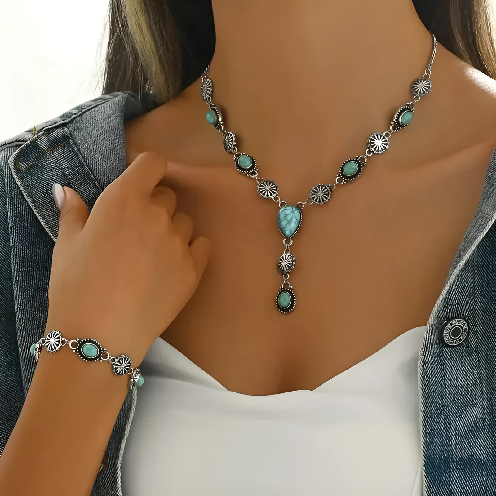 Alloy geometric retro jewellery set with grid pattern earrings necklace bracelet
