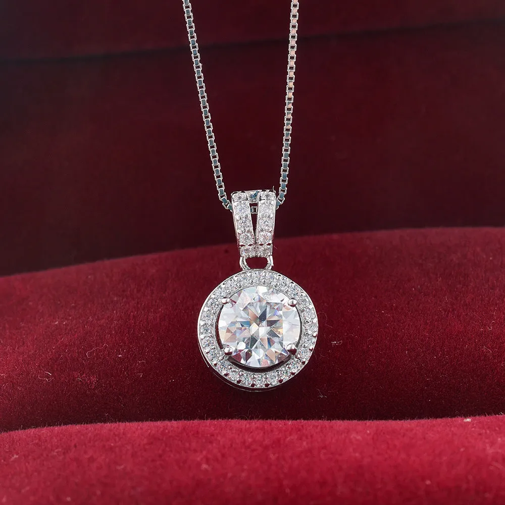 S925 sterling silver moissanite necklace with 1 karat round stone U-shaped setting
