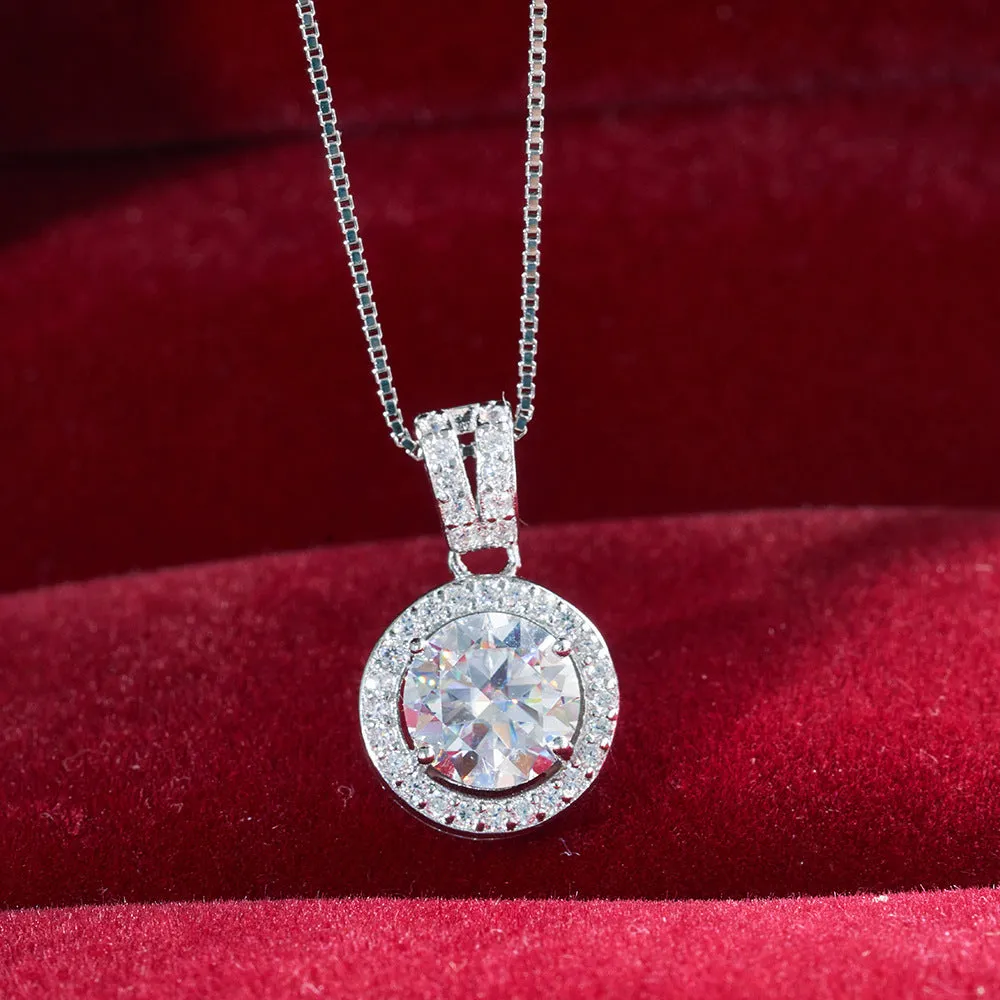 S925 sterling silver moissanite necklace with 1 karat round stone U-shaped setting