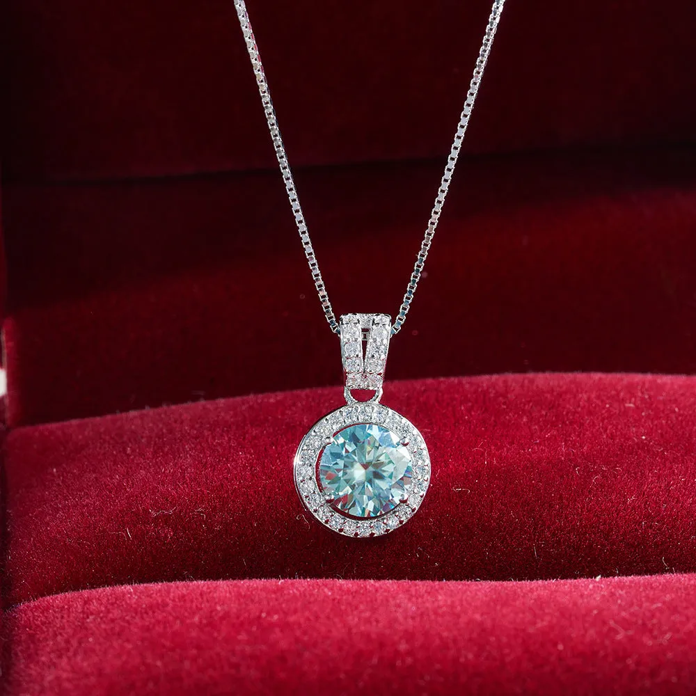 S925 sterling silver moissanite necklace with 1 karat round stone U-shaped setting