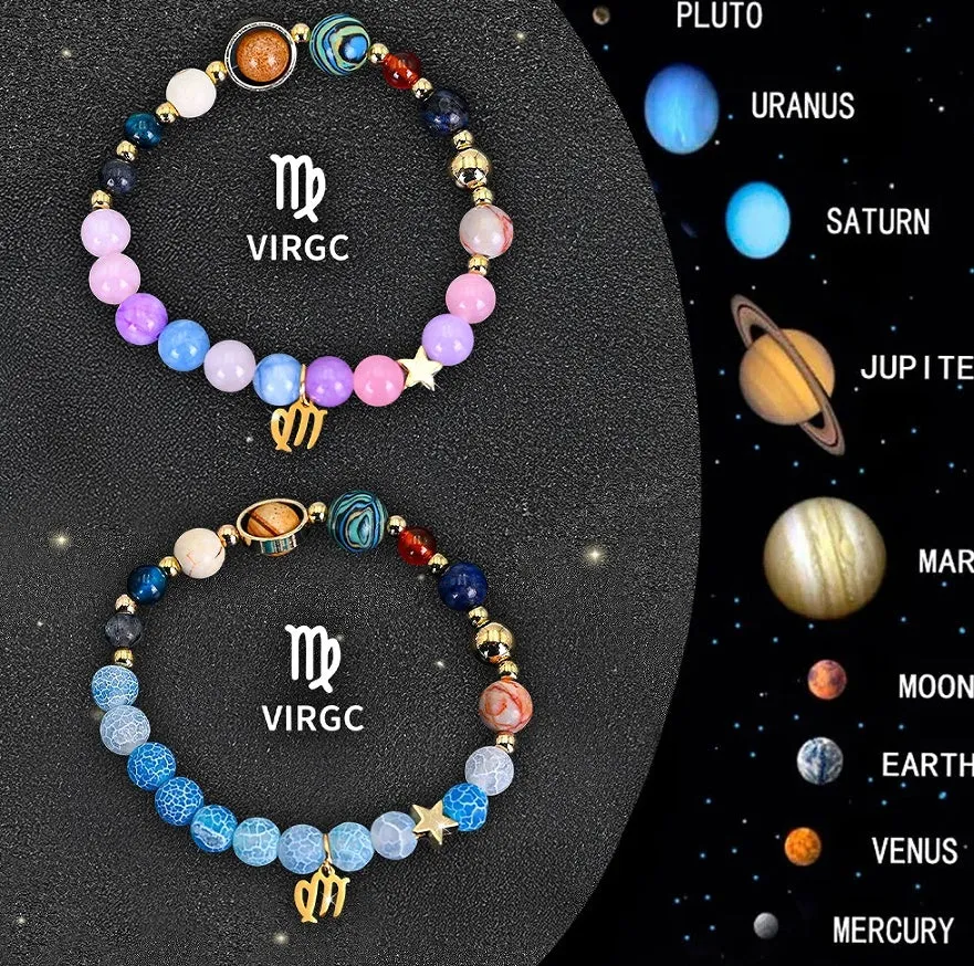 Set of twelve natural stone beaded bracelets, each with a different zodiac sign charm on an adjustable strap.