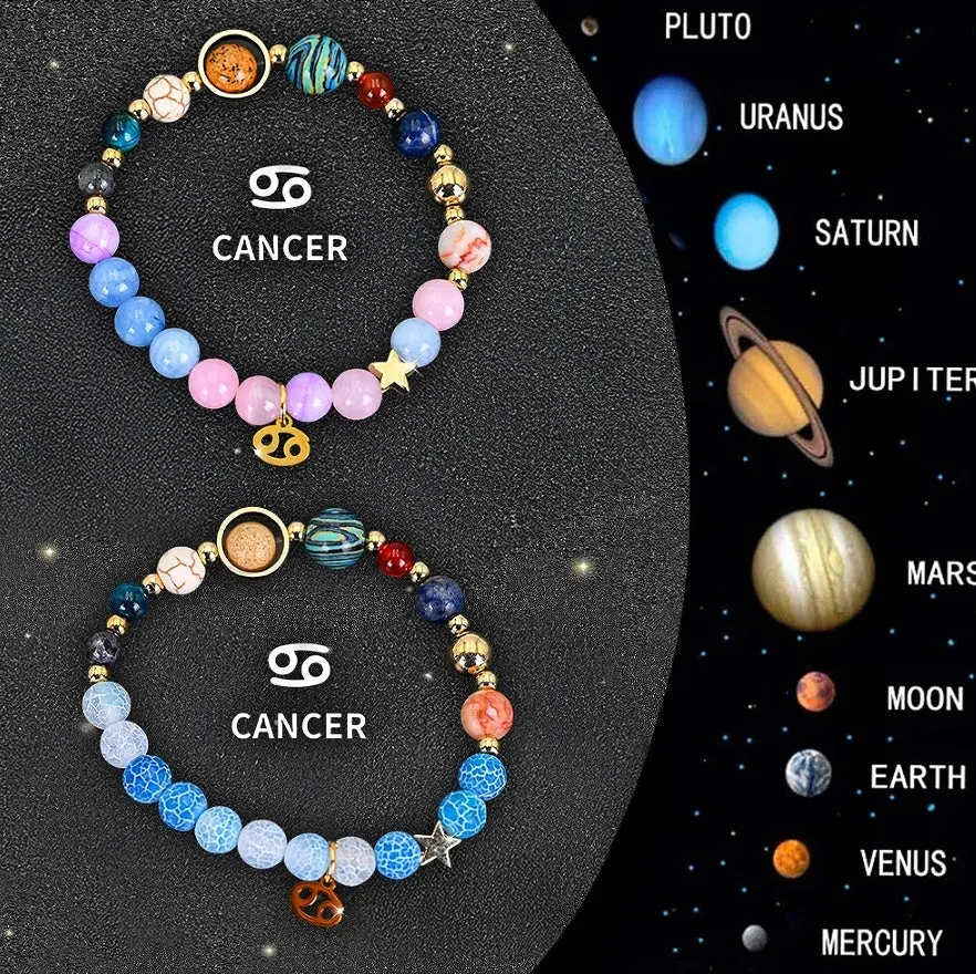 Set of twelve natural stone beaded bracelets, each with a different zodiac sign charm on an adjustable strap.