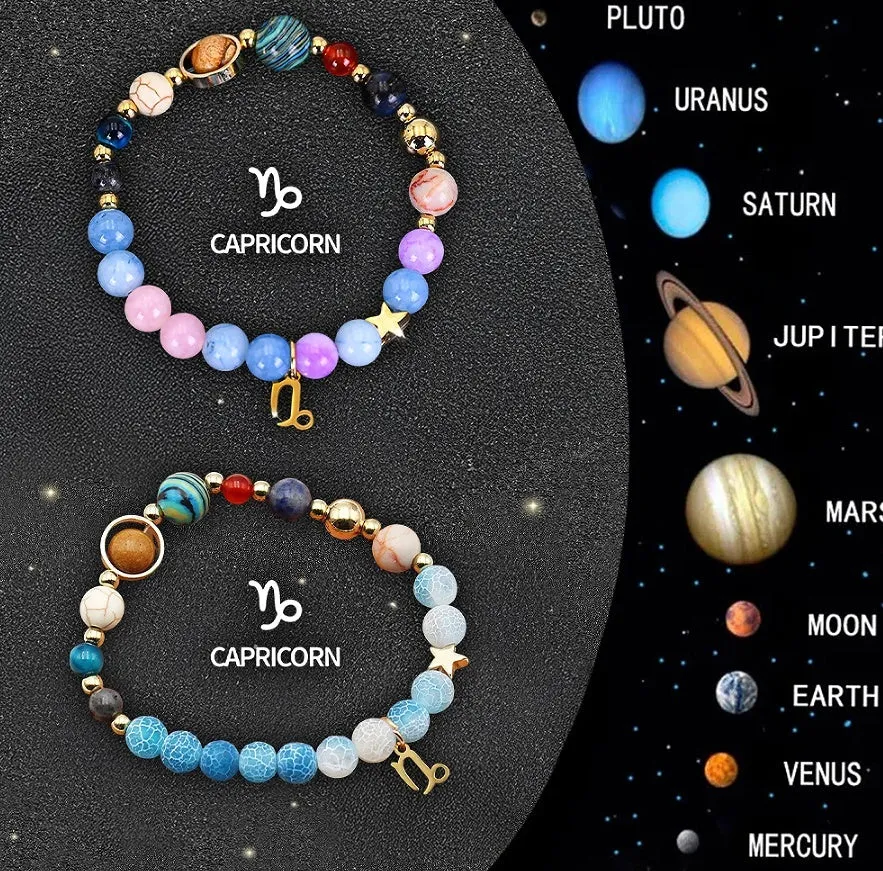 Set of twelve natural stone beaded bracelets, each with a different zodiac sign charm on an adjustable strap.