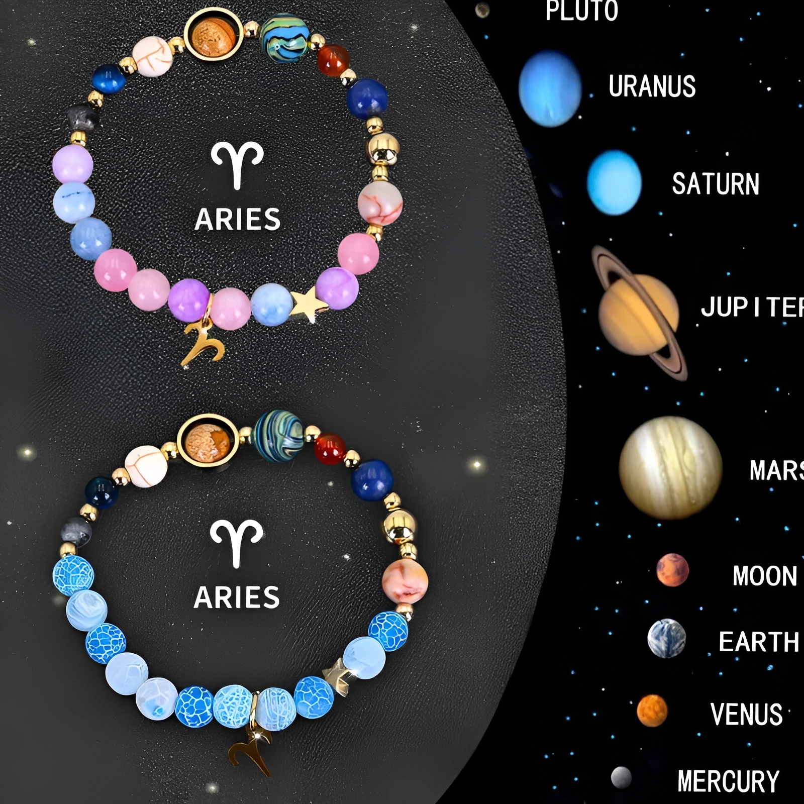 Set of twelve natural stone beaded bracelets, each with a different zodiac sign charm on an adjustable strap.