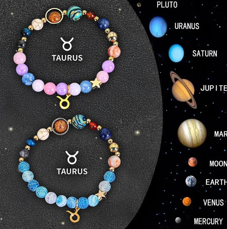Set of twelve natural stone beaded bracelets, each with a different zodiac sign charm on an adjustable strap.