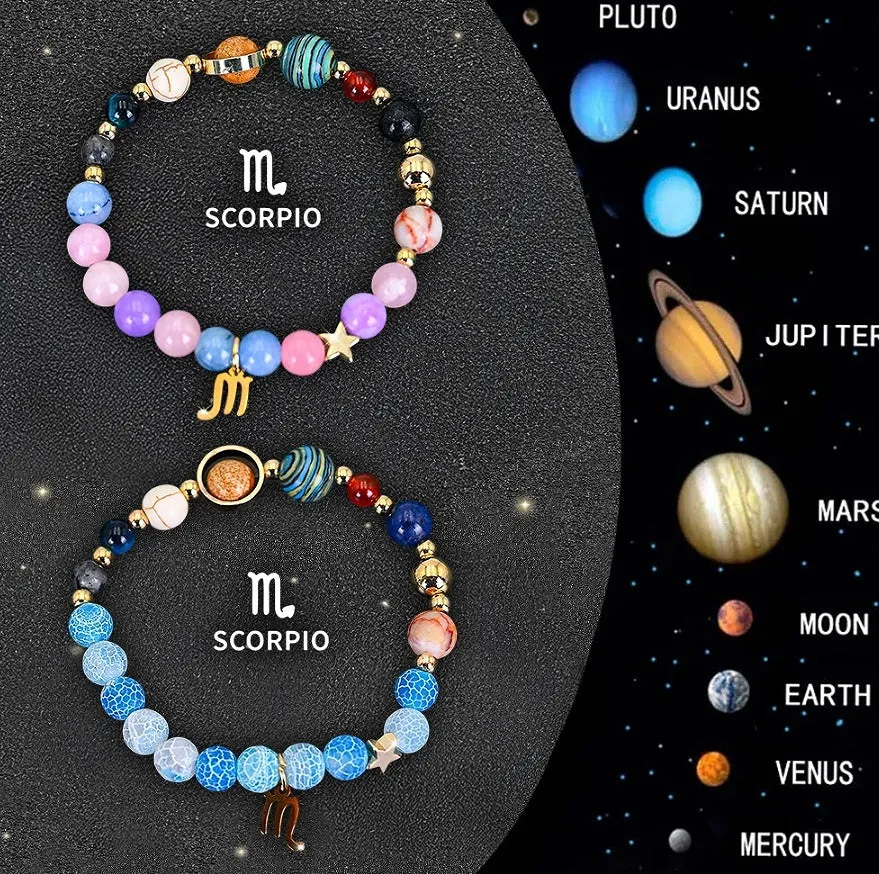 Set of twelve natural stone beaded bracelets, each with a different zodiac sign charm on an adjustable strap.