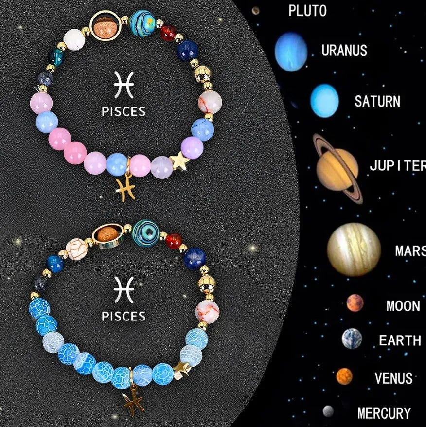 Set of twelve natural stone beaded bracelets, each with a different zodiac sign charm on an adjustable strap.