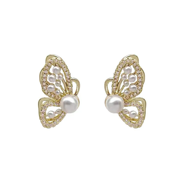 Copper butterfly pearl stud earrings with gold plating and zircon for women