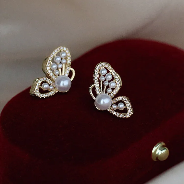 Copper butterfly pearl stud earrings with gold plating and zircon for women