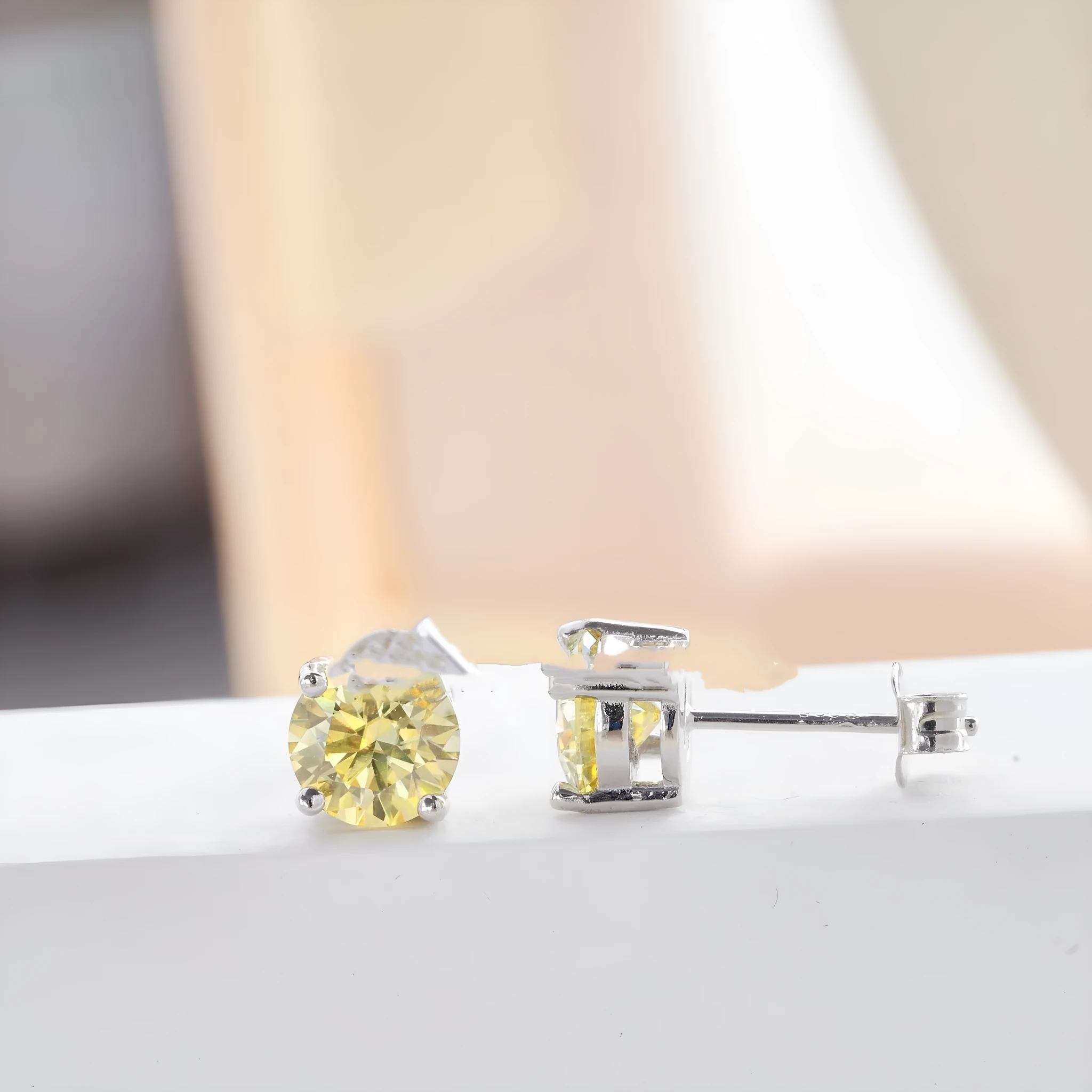 1CTX2 lemon yellow moissanite round stud earrings in silver setting