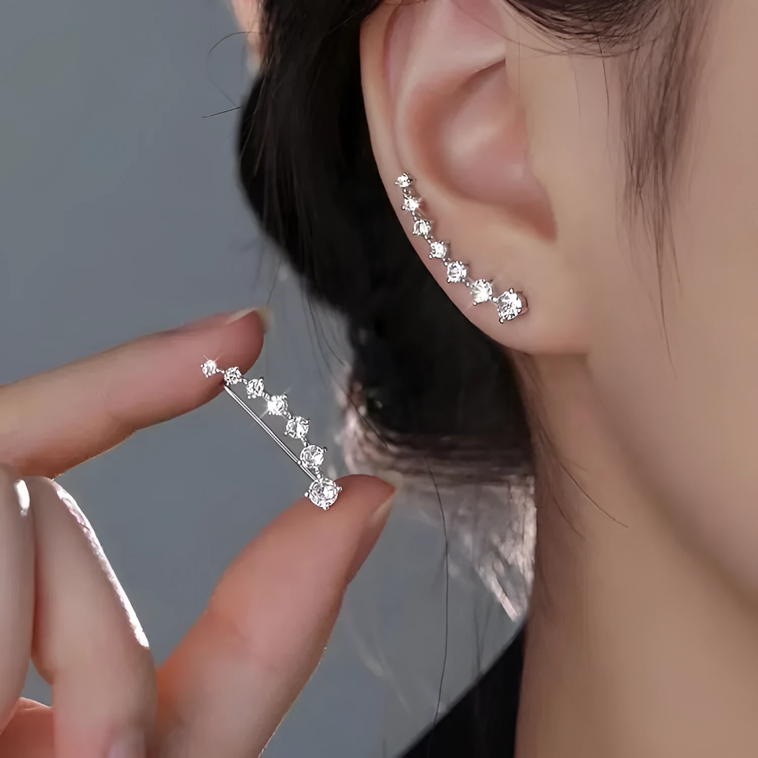 Silver Needle geometric earrings for women, white colour, zircon accents, line design, one pair