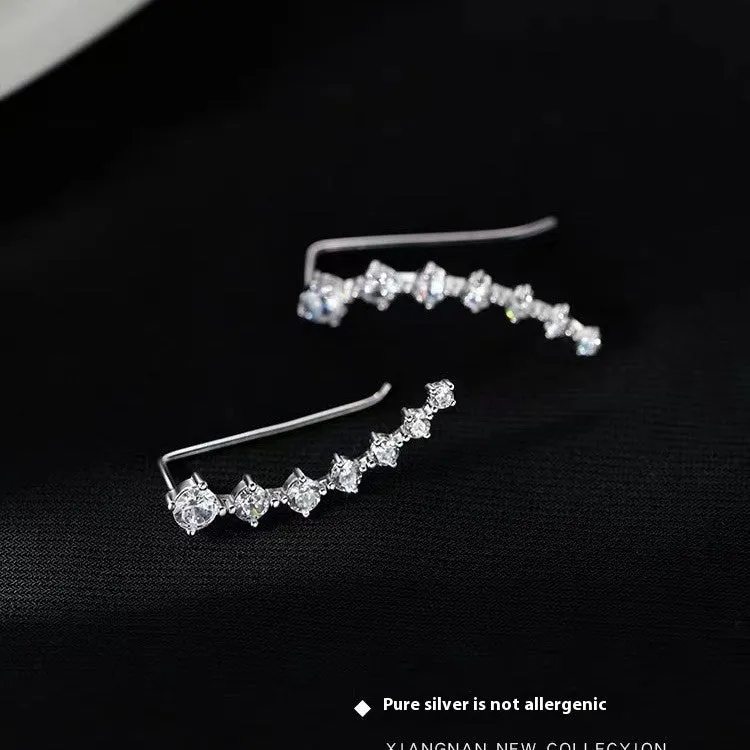 Silver Needle geometric earrings for women, white colour, zircon accents, line design, one pair