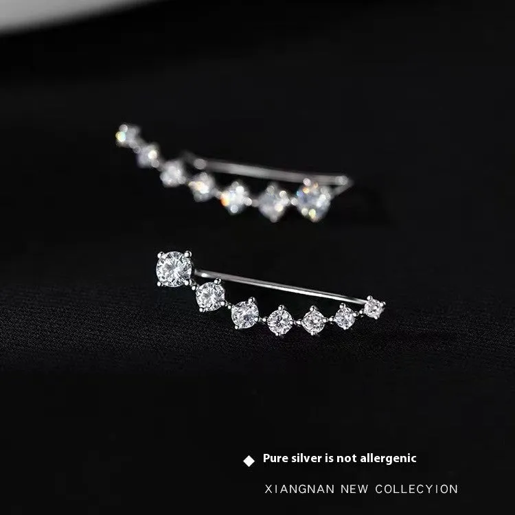 Silver Needle geometric earrings for women, white colour, zircon accents, line design, one pair
