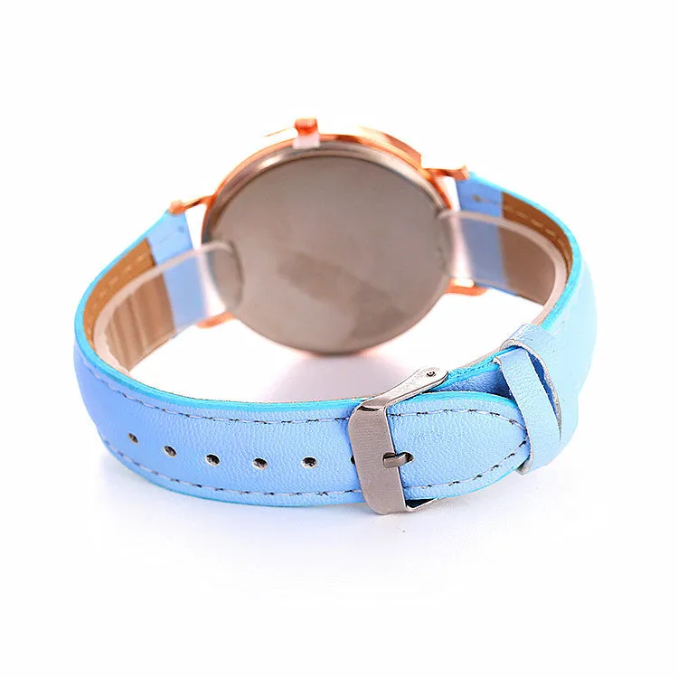 Women's quartz wristwatch round dial 28mm thin case beige strap on white background