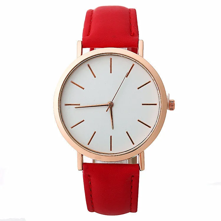 Women's quartz wristwatch round dial 28mm thin case beige strap on white background