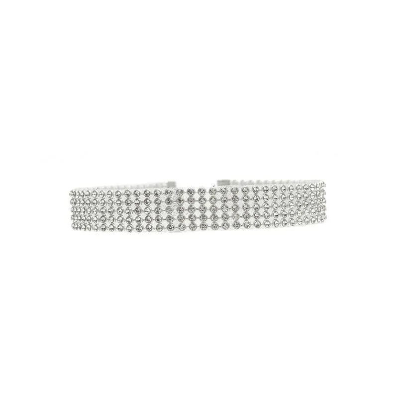 Full crystal rhinestone choker necklace on women's neck, multicolor crystals, alloy chain, 29cm length