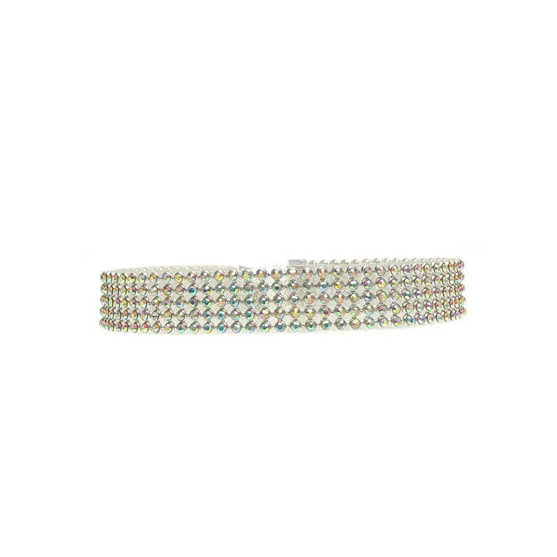 Full crystal rhinestone choker necklace on women's neck, multicolor crystals, alloy chain, 29cm length