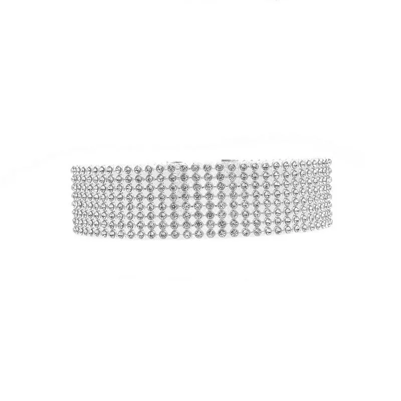 Full crystal rhinestone choker necklace on women's neck, multicolor crystals, alloy chain, 29cm length