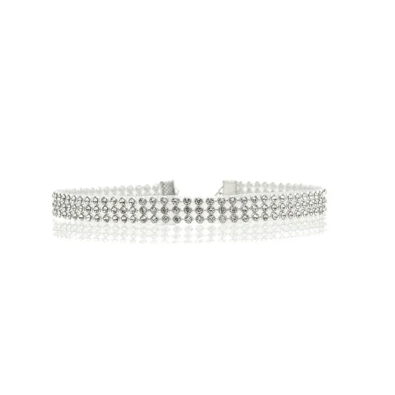 Full crystal rhinestone choker necklace on women's neck, multicolor crystals, alloy chain, 29cm length