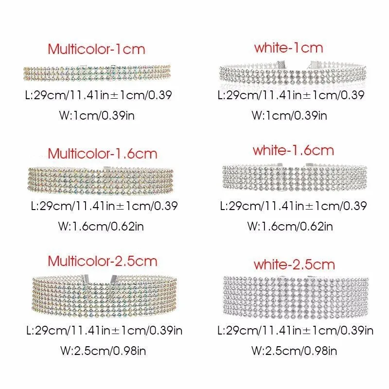 Full crystal rhinestone choker necklace on women's neck, multicolor crystals, alloy chain, 29cm length