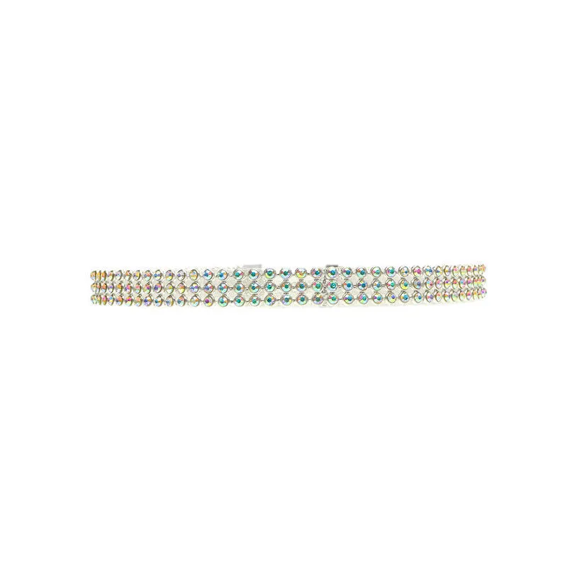 Full crystal rhinestone choker necklace on women's neck, multicolor crystals, alloy chain, 29cm length