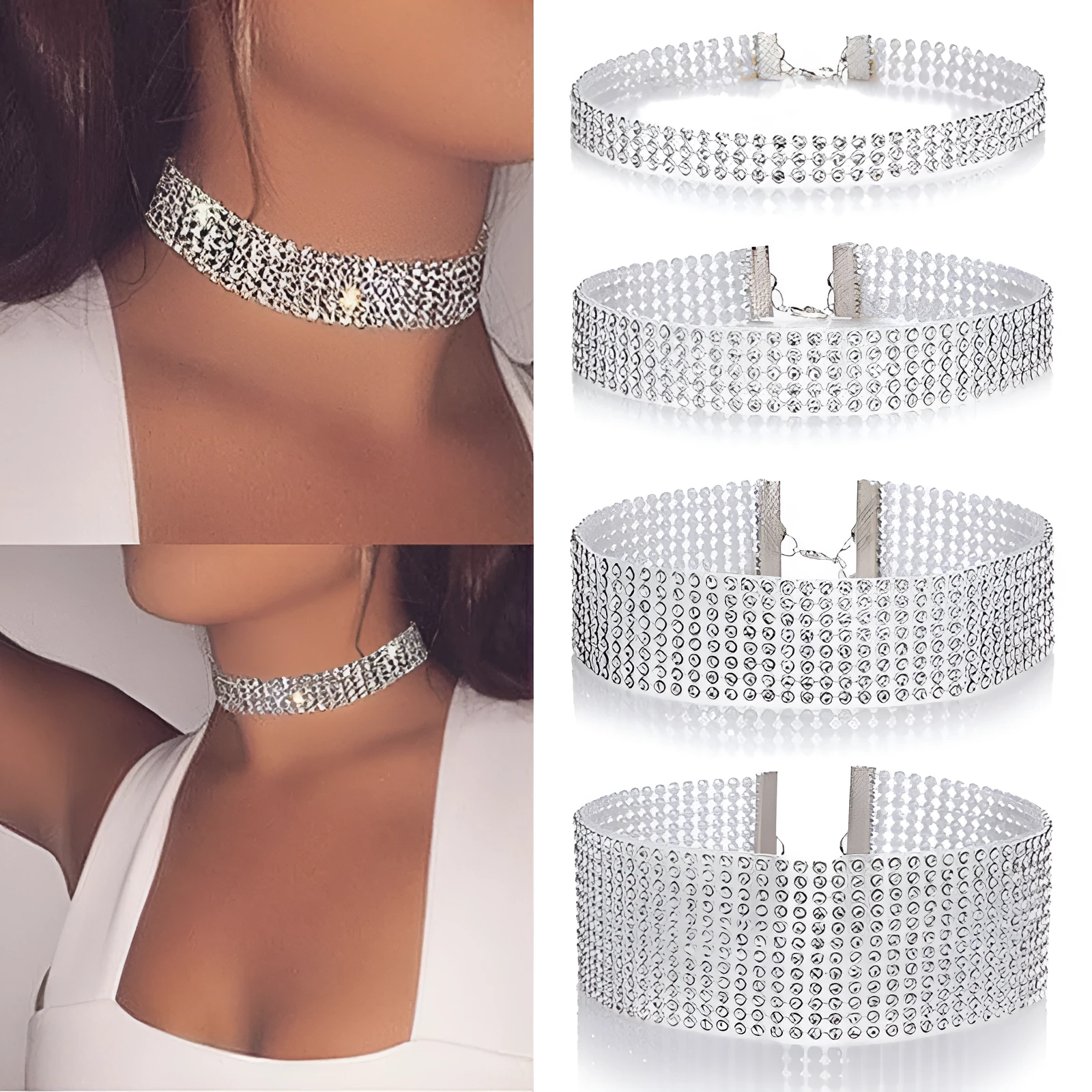 Full crystal rhinestone choker necklace on women's neck, multicolor crystals, alloy chain, 29cm length