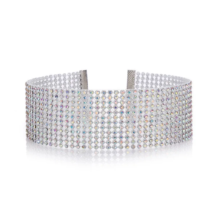 Full crystal rhinestone choker necklace on women's neck, multicolor crystals, alloy chain, 29cm length
