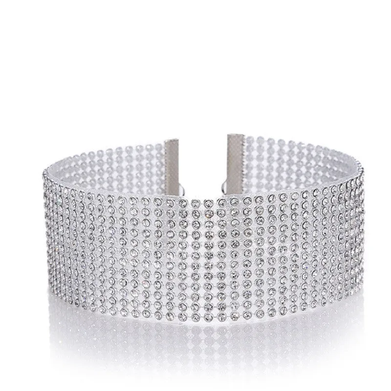 Full crystal rhinestone choker necklace on women's neck, multicolor crystals, alloy chain, 29cm length