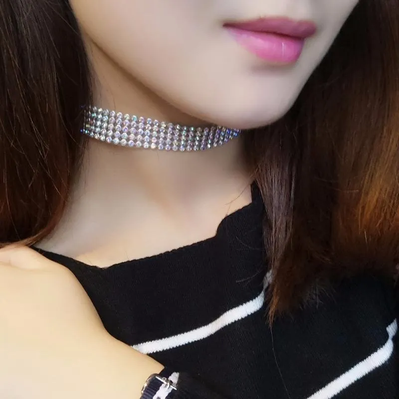 Full crystal rhinestone choker necklace on women's neck, multicolor crystals, alloy chain, 29cm length