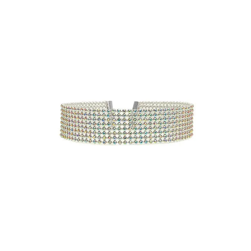 Full crystal rhinestone choker necklace on women's neck, multicolor crystals, alloy chain, 29cm length