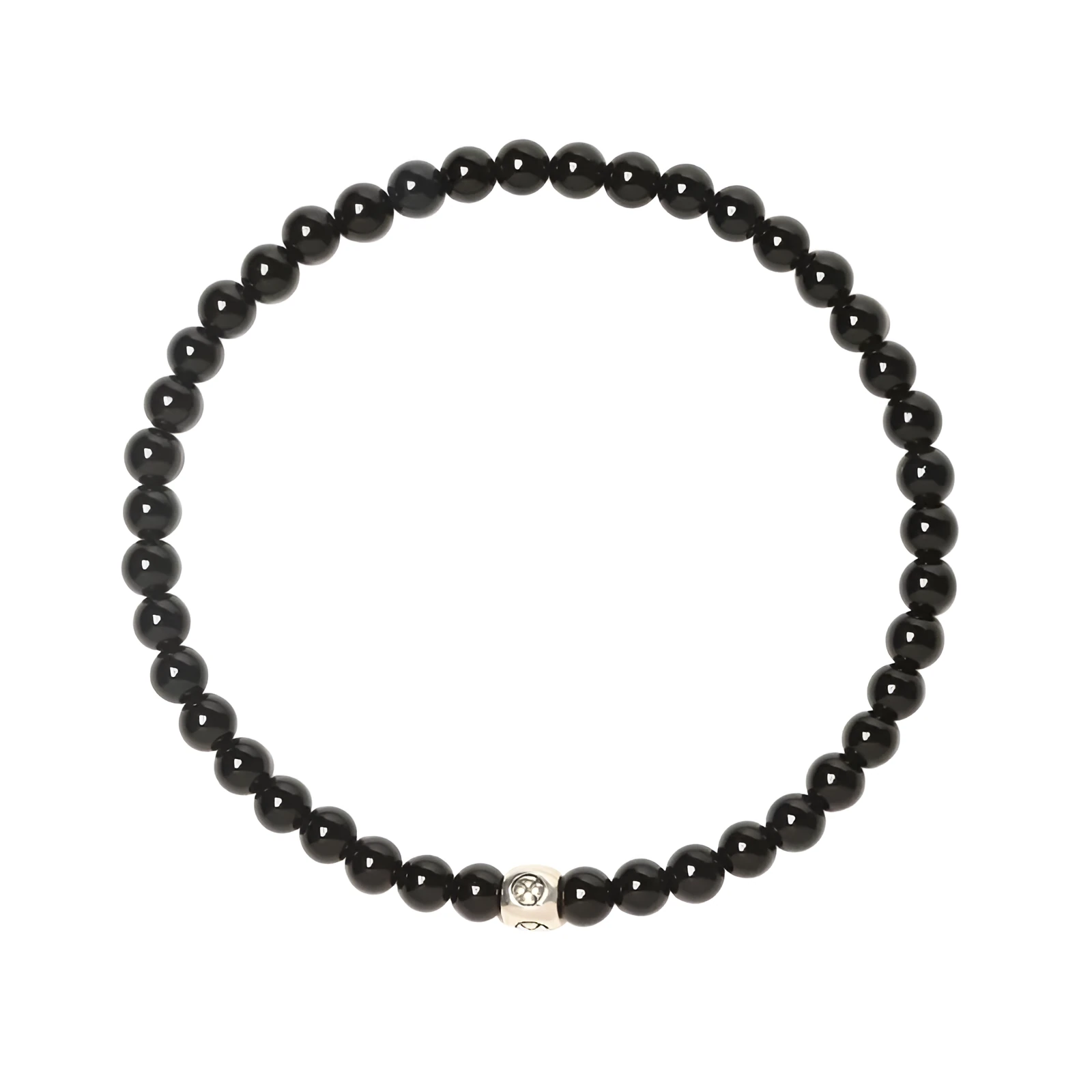 Geometric unisex bracelet with 4mm black agate, blue san, and obsidian beads on a wrist.