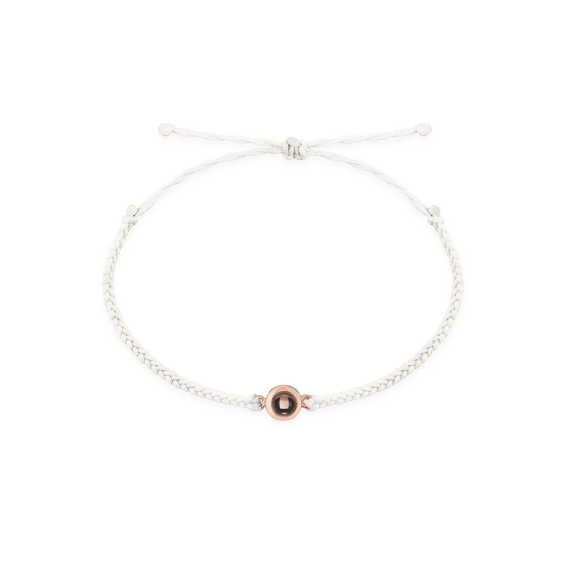 Handcrafted custom photo projection bracelet in silver with white rope, featuring alloy pendant with gold-plated inlaid artificial gemstones
