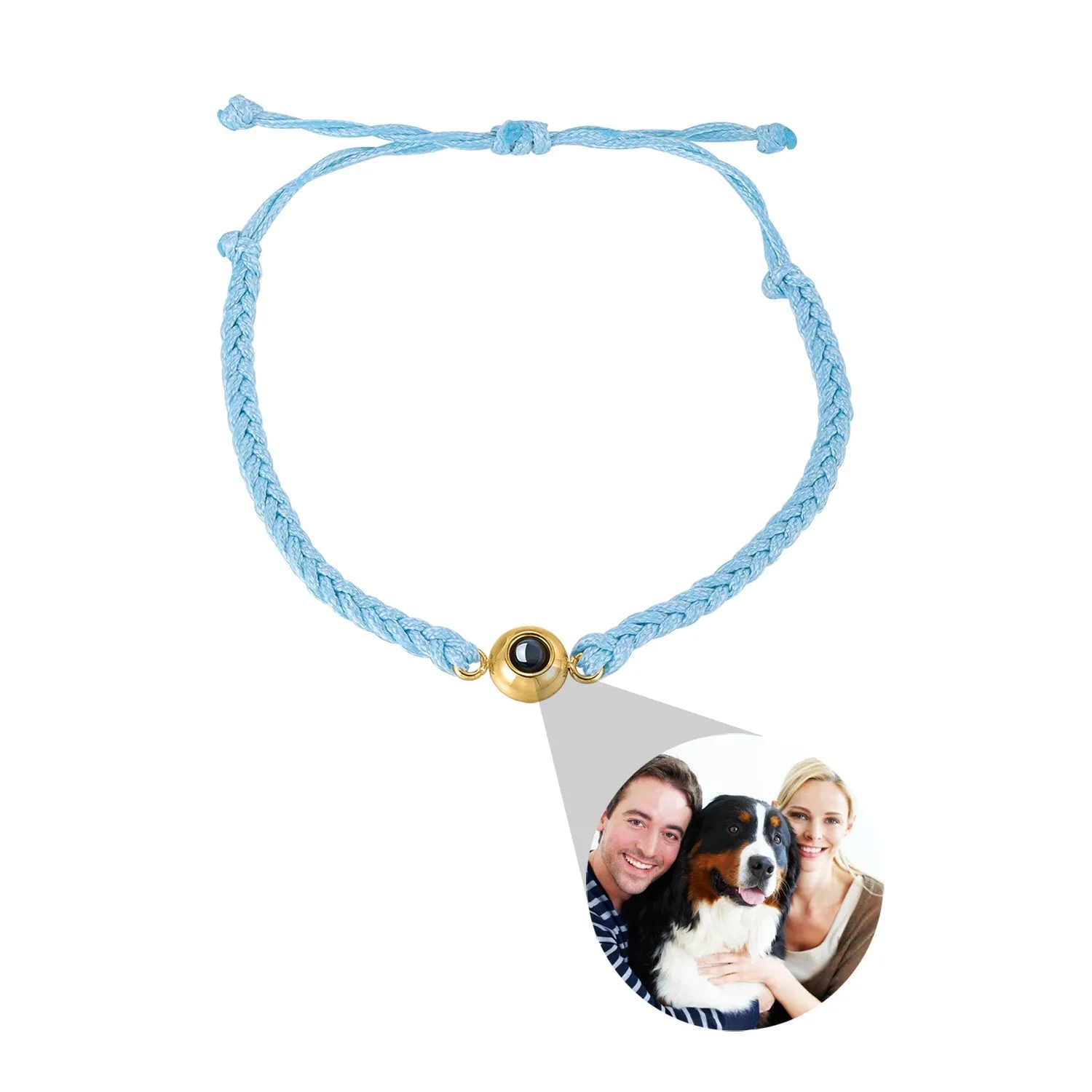 Handcrafted custom photo projection bracelet in silver with white rope, featuring alloy pendant with gold-plated inlaid artificial gemstones